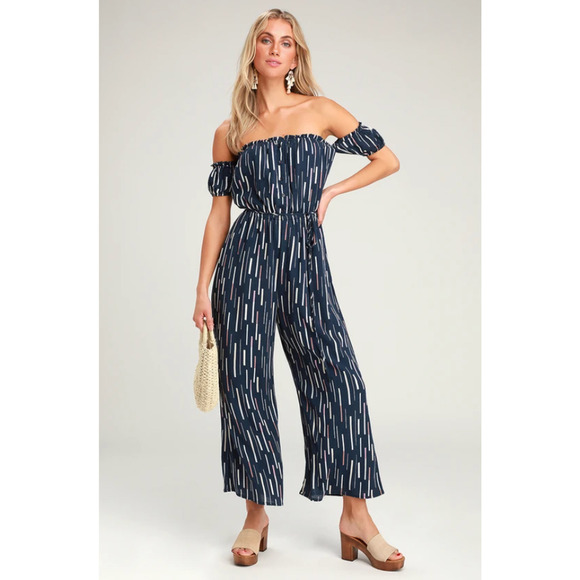Lulus Pants - LuLu's True Radiance Navy Blue Multi Print Off the Shoulder Jumpsuit Size Small